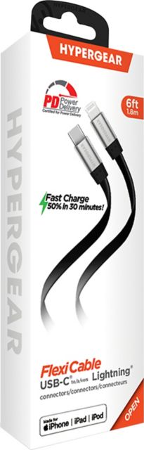 HyperGear Flexi USB-C to Lightning Flat Cable 6Ft, Black